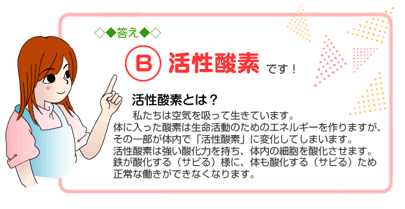 答えは「B 活性酸素」です。 活性酸素とは?
私たちは空気を吸って生きています。体に入った酸素は生命活動のためのエネルギーを作りますが、その一部が体内で「活性酸素」に変化してしまいます。活性酸素は強い酸化力を持ち、体内の細胞を酸化させます。鉄が酸化する(サビる)様に、体も酸化する(サビる)ため正常な働きができなくなります。