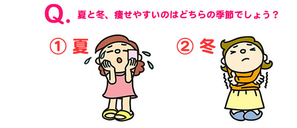 Q.夏と冬、痩せやすいのはどちらの季節でしょう？
            1.夏　2.冬